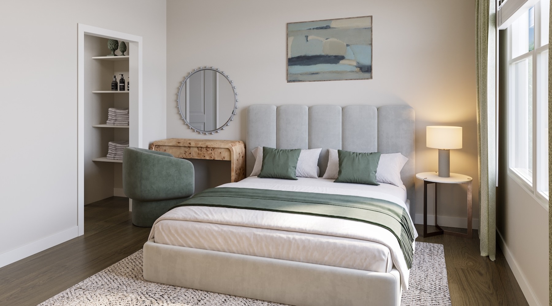 a bedroom with a bed and a mirror