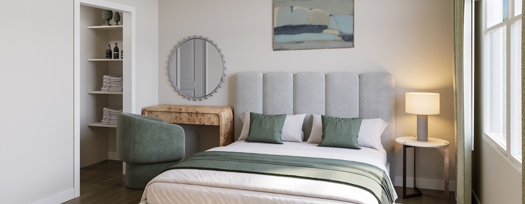 a bedroom with a bed and a mirror