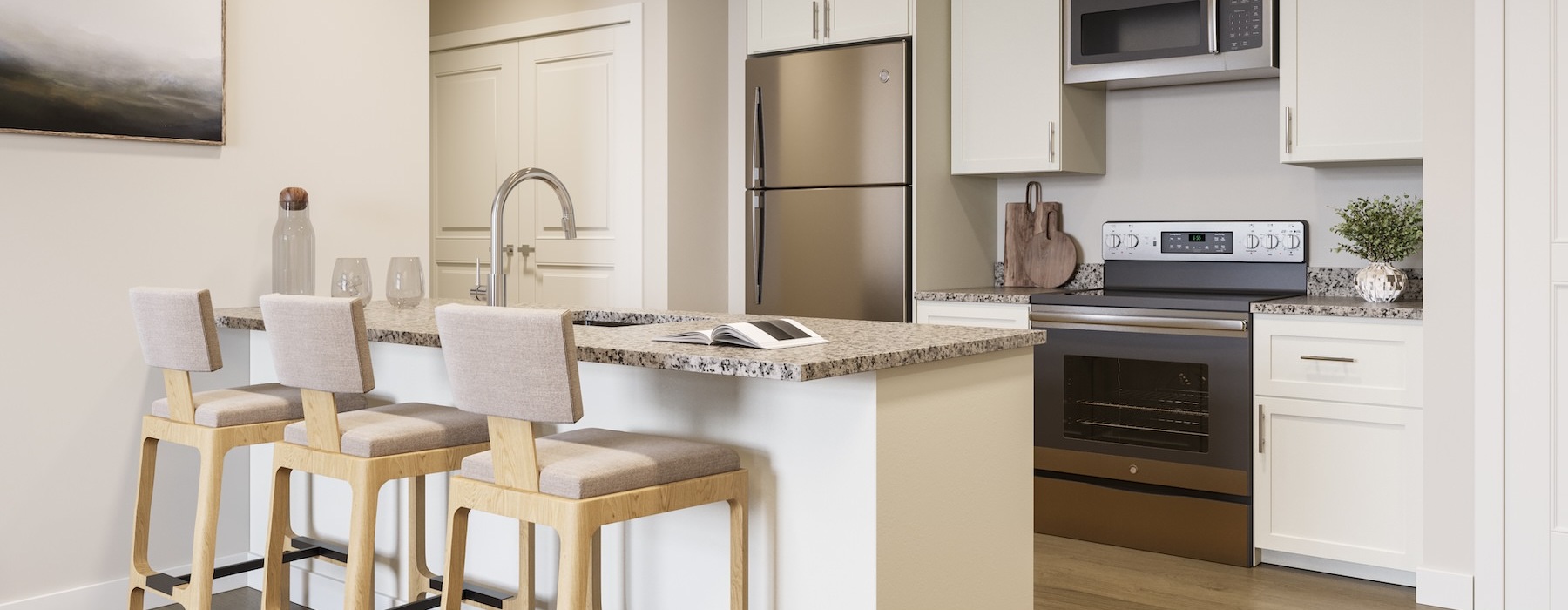 a kitchen with white cabinets