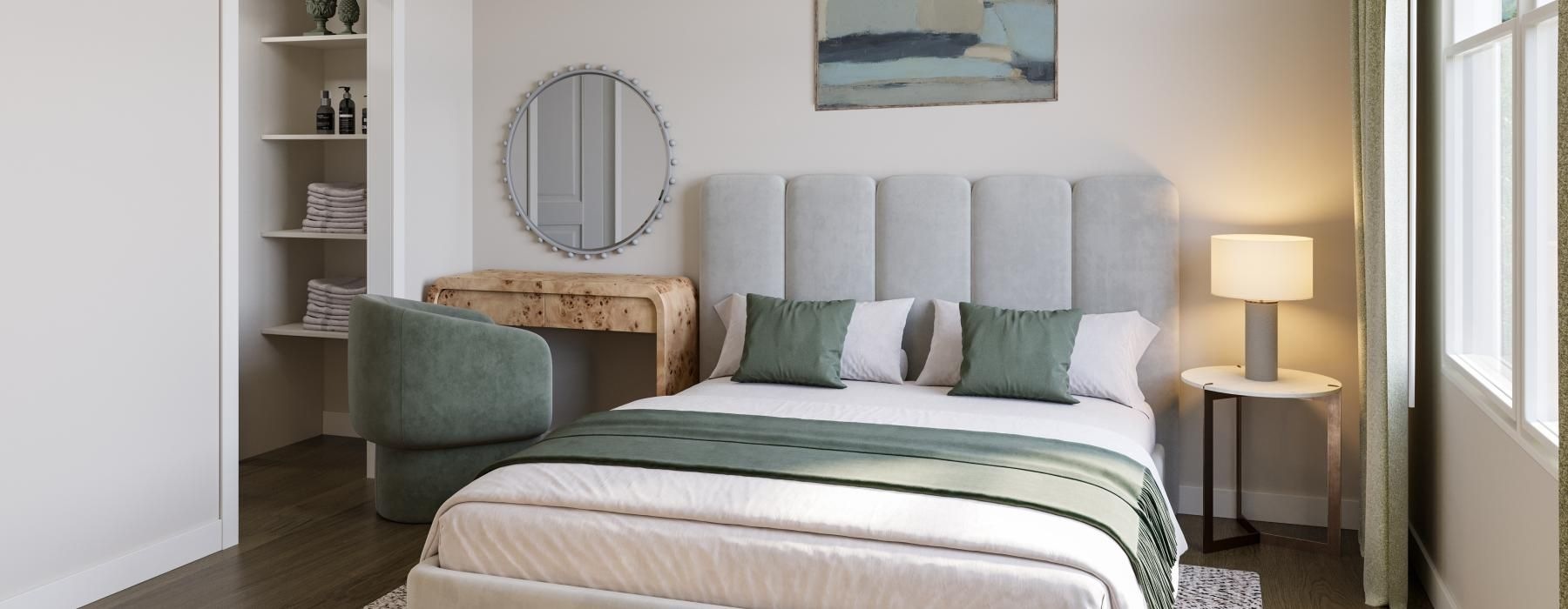 a bedroom with a bed and a mirror