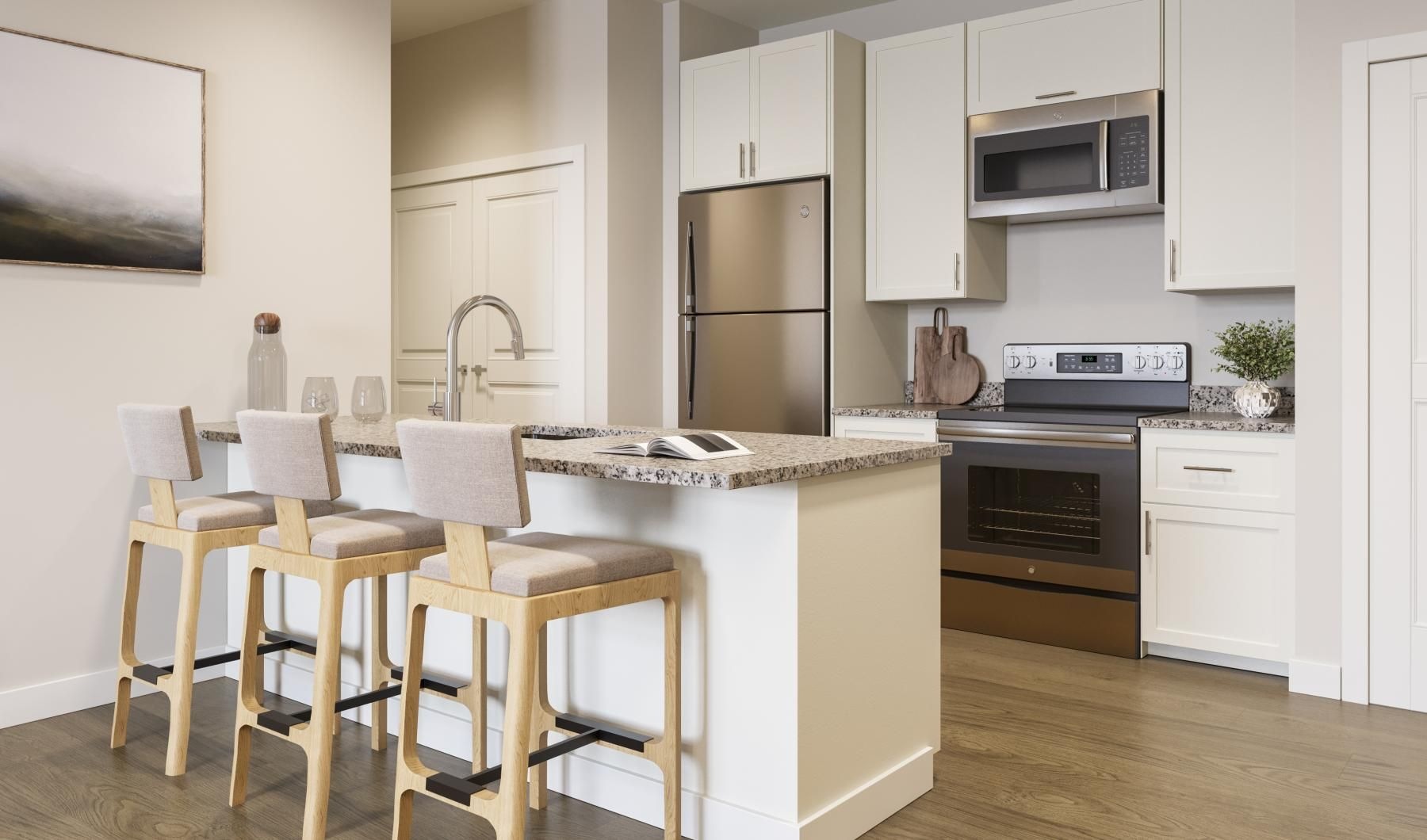 a kitchen with white cabinets