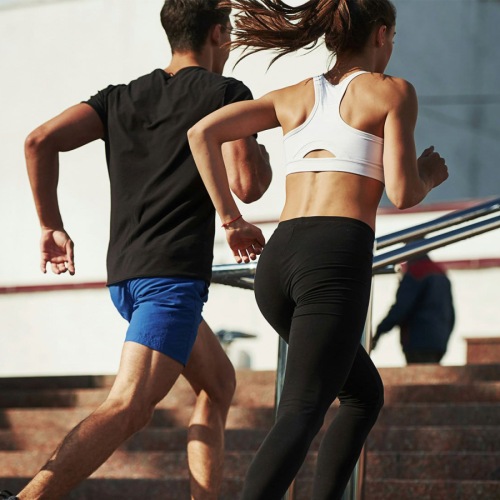 people running up stairs